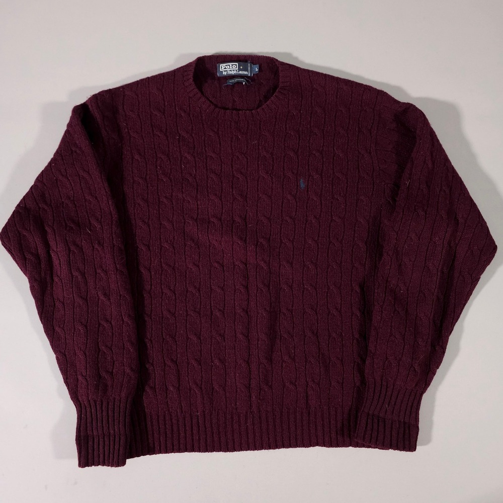 Polo Ralph Lauren Sweater Mens L Burgundy Cable Knit Lambswool Crewneck